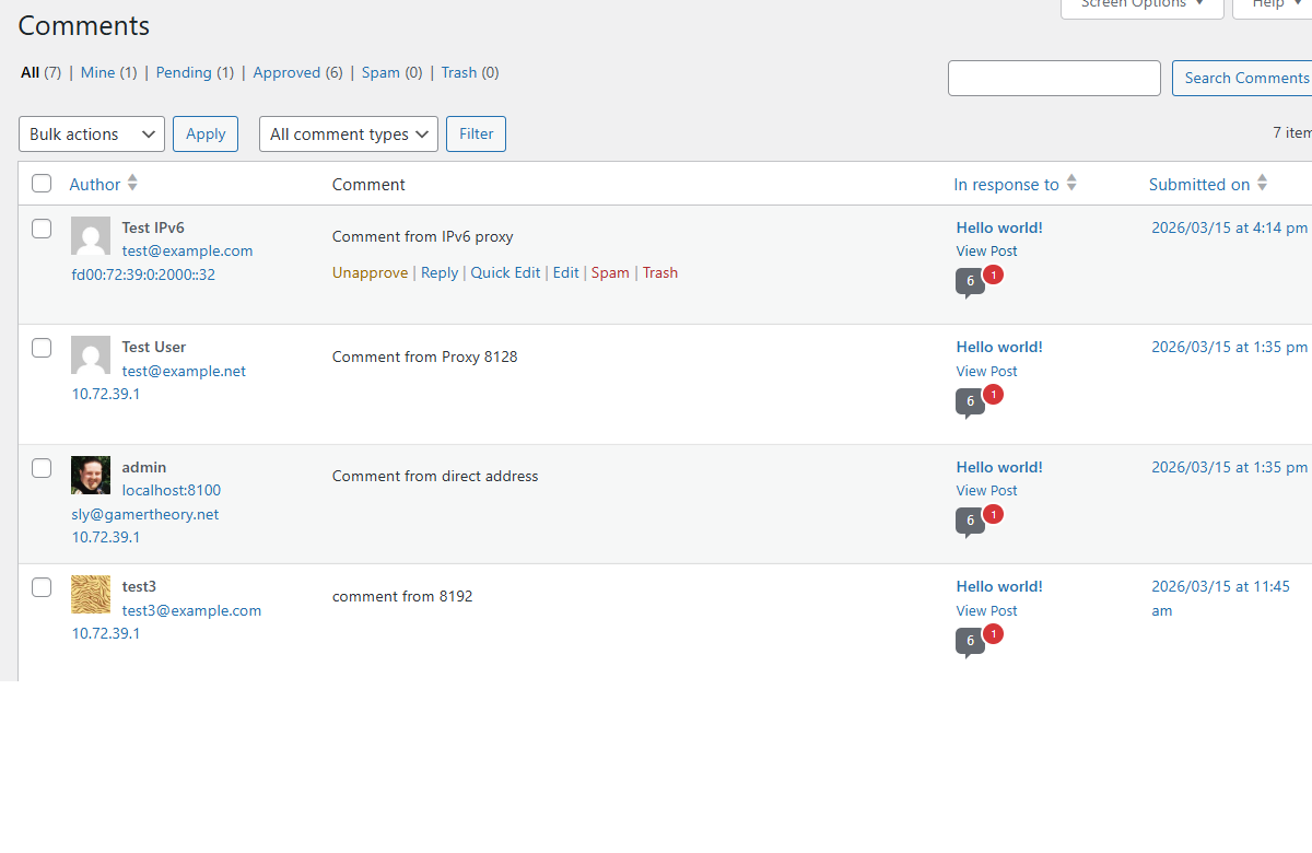 Comments page — WordPress comments showing the verified client IP for each commenter.