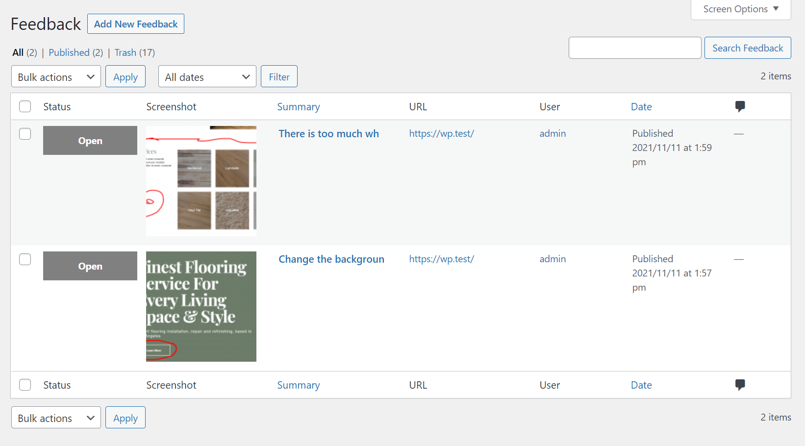 The feedback is listed in the administration under the "Feedback" menu.