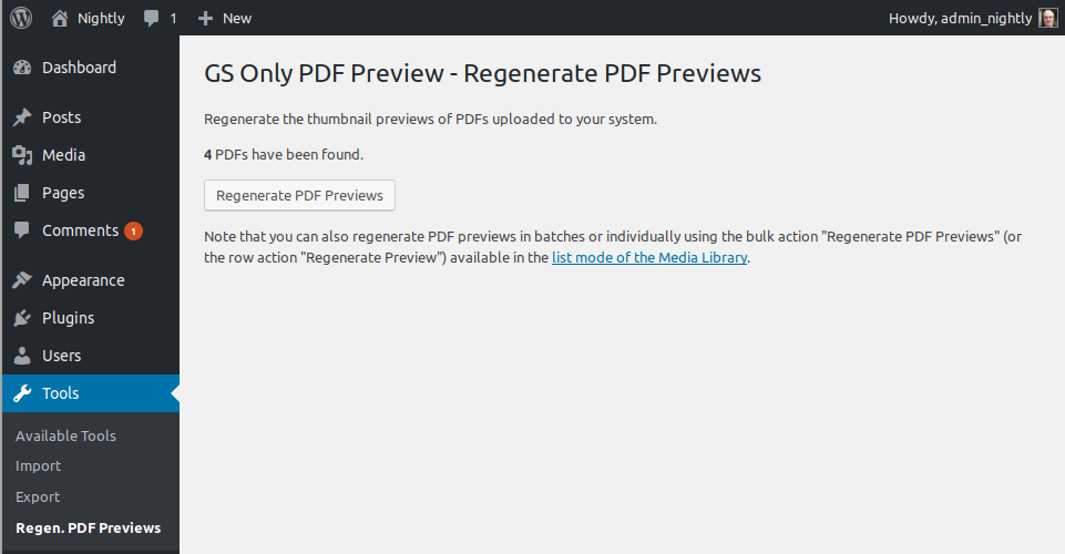Regenerate PDF Previews administration tool front page.