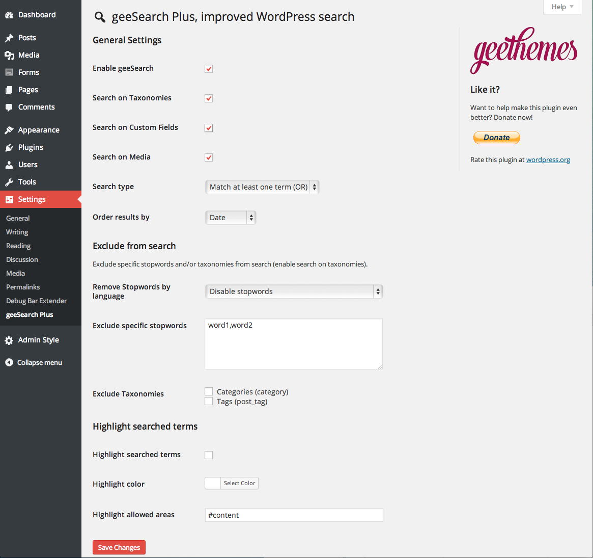 Plugin settings page