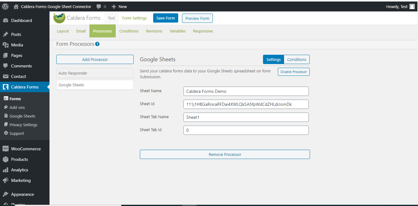 Google Sheet settings page with input box Sheet Name, Sheet Id, Tab Name, Tab Id.