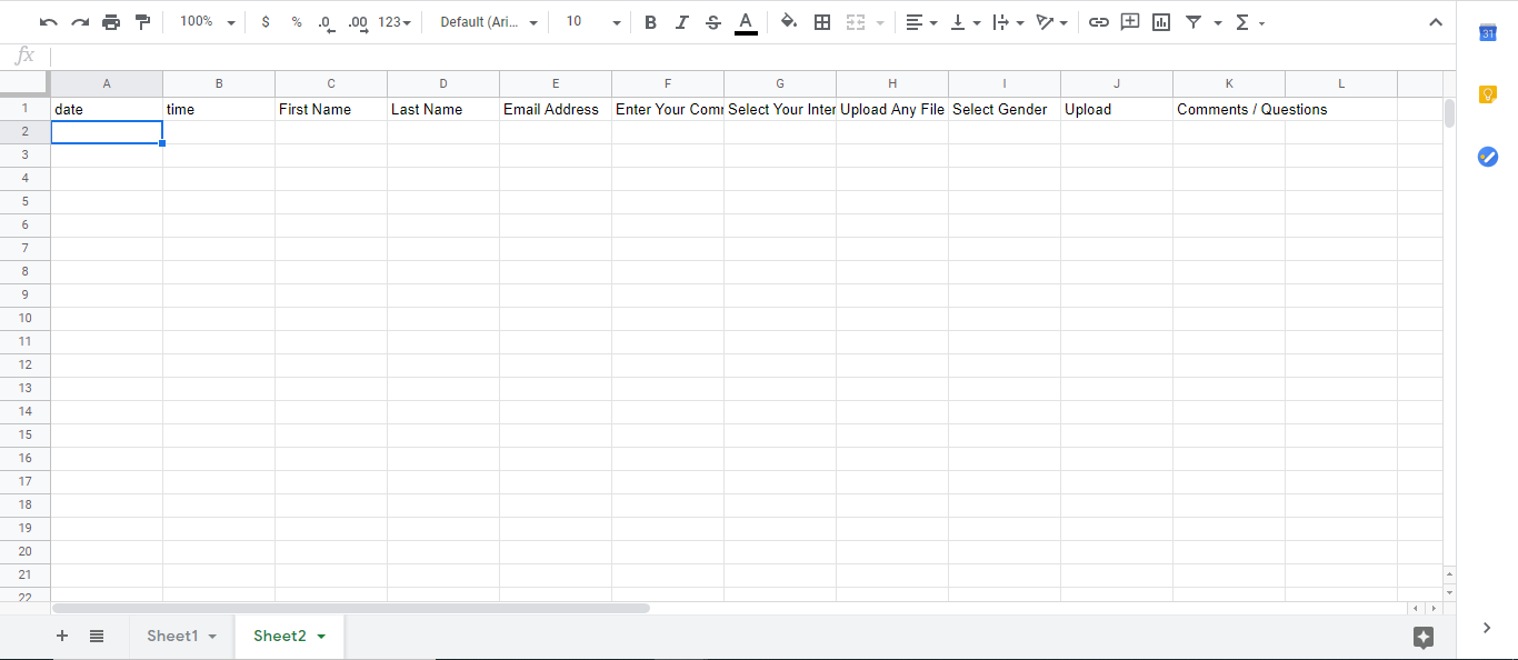 Google Sheet headers with Special Mail Tags.