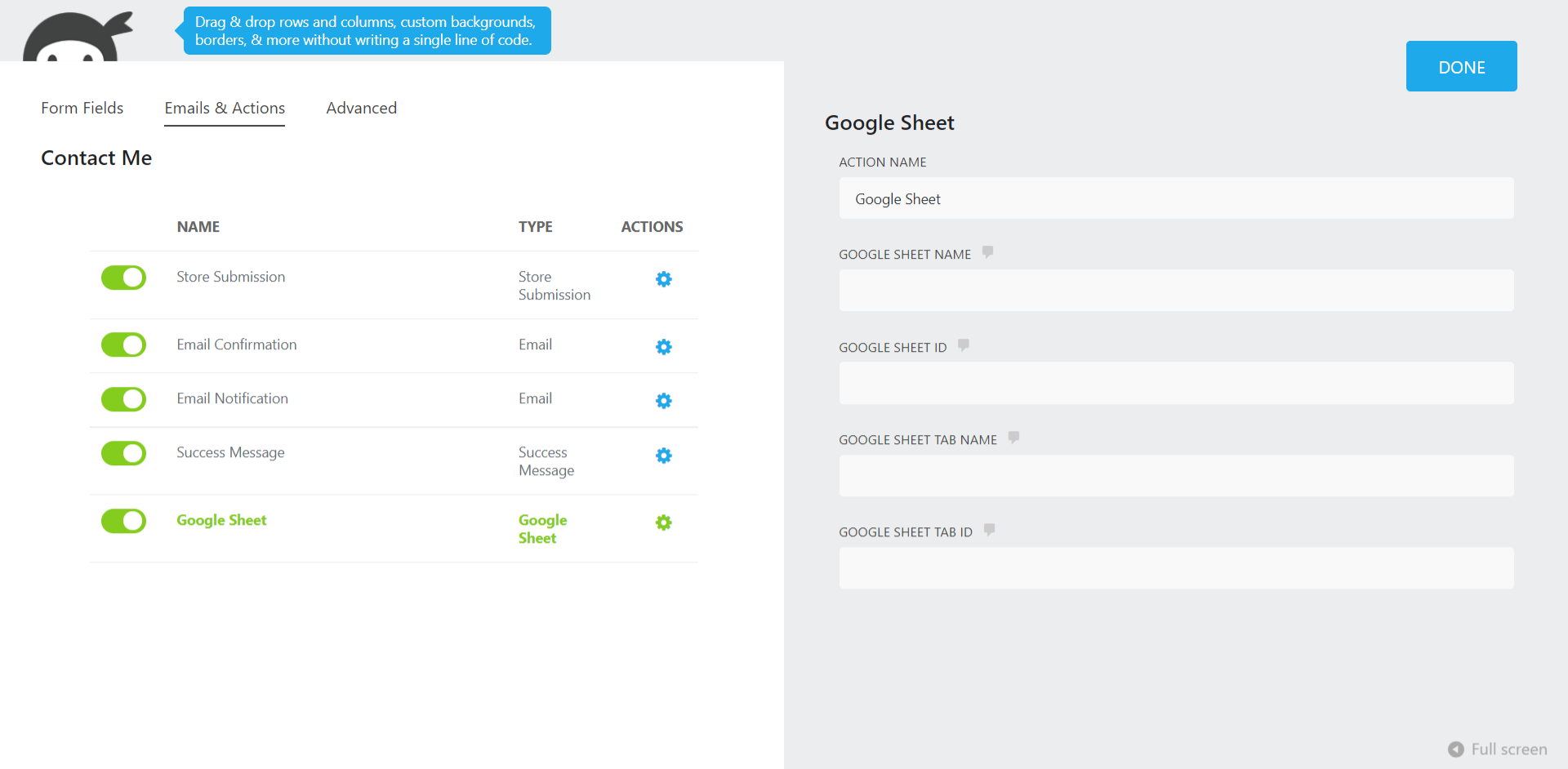 Add Ninja Forms Label name of appropriate fields to the Google Sheet headers.