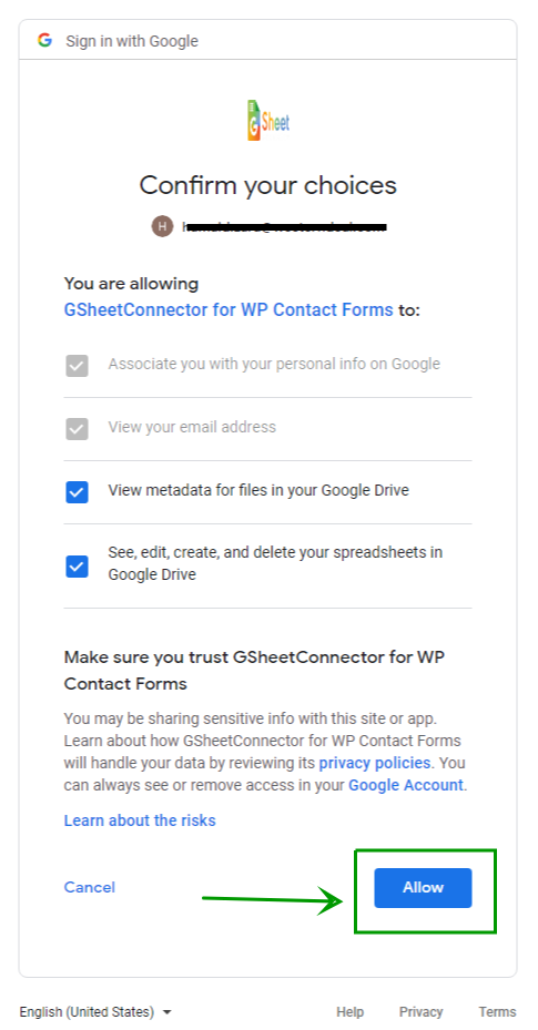 Google Sheet Settings for WPForms.