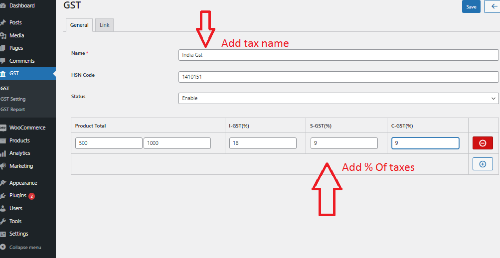 admin settings add gst