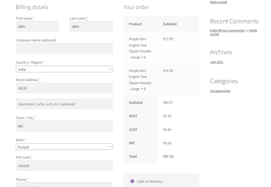 woocommerce checkout page details with gst