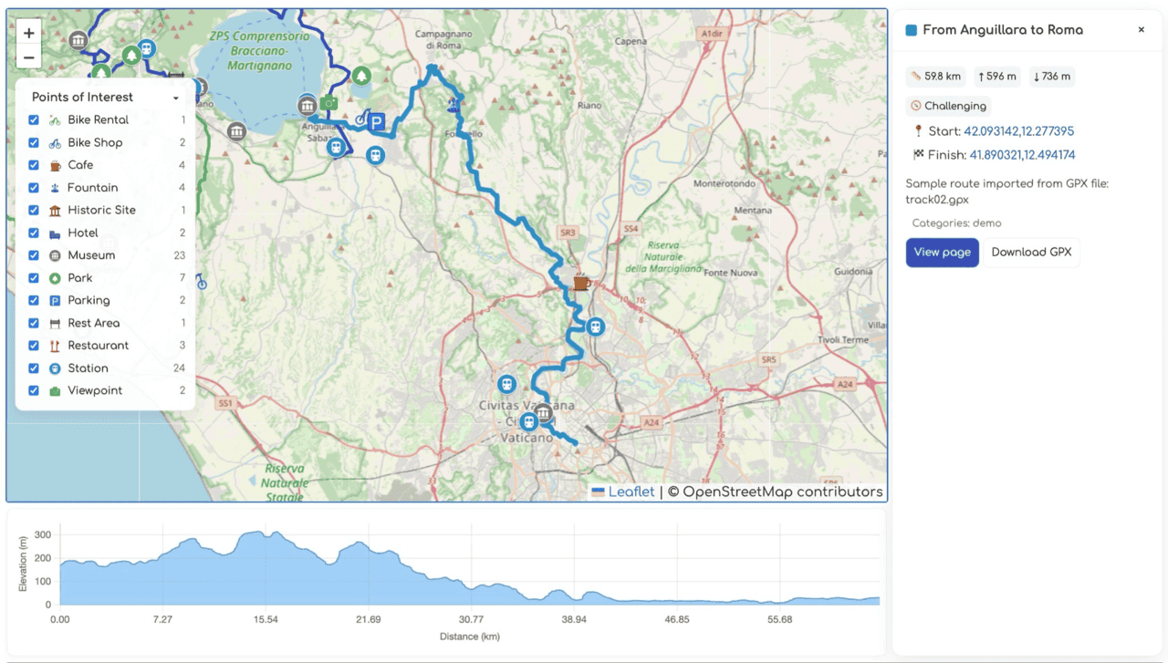 Frontend interactive Leaflet map with elevation profile chart and POI category filters for enhanced user experience