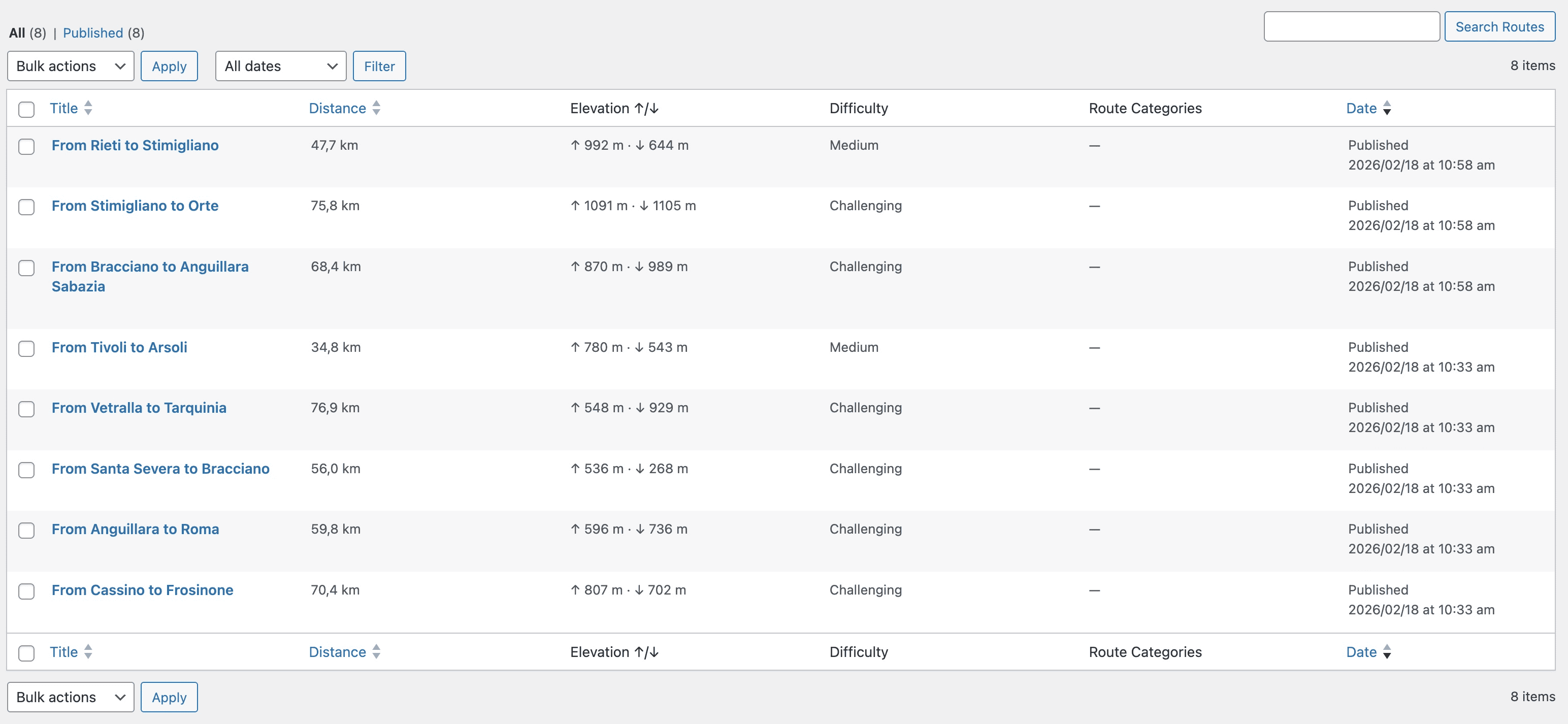POI management screen with custom category icons and automatic route association based on configurable radius settings