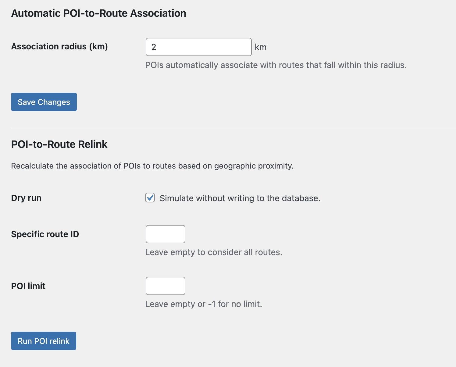 Settings page for configuring map tile provider, POI association radius, and display options