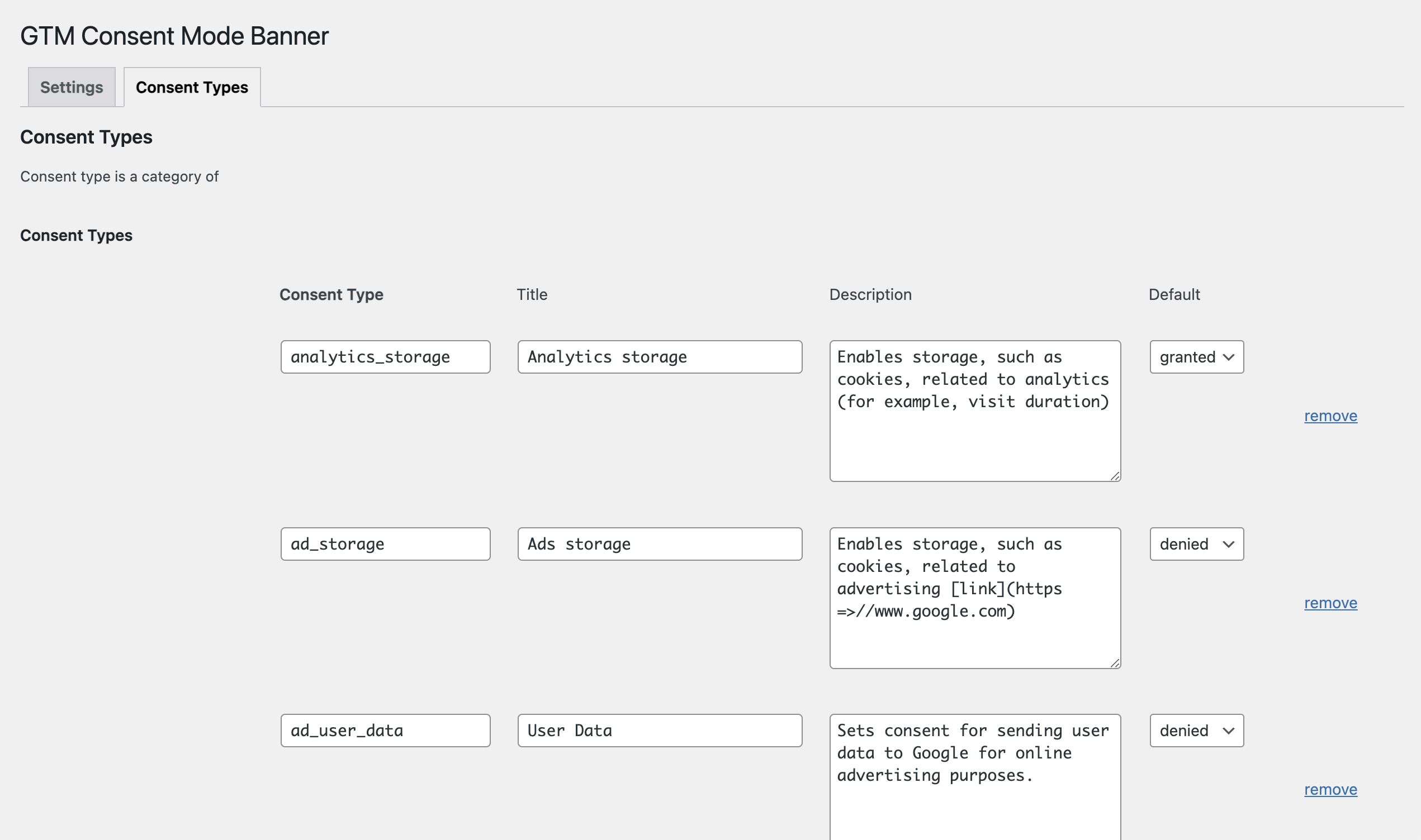 Consent Banner WP Admin consent types settings