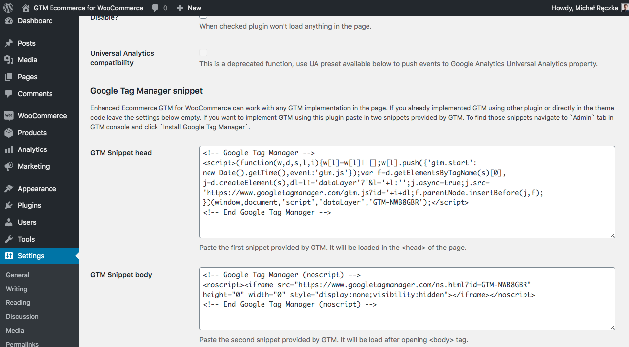 **GTM for WooCommerce** settings and GTM snippets