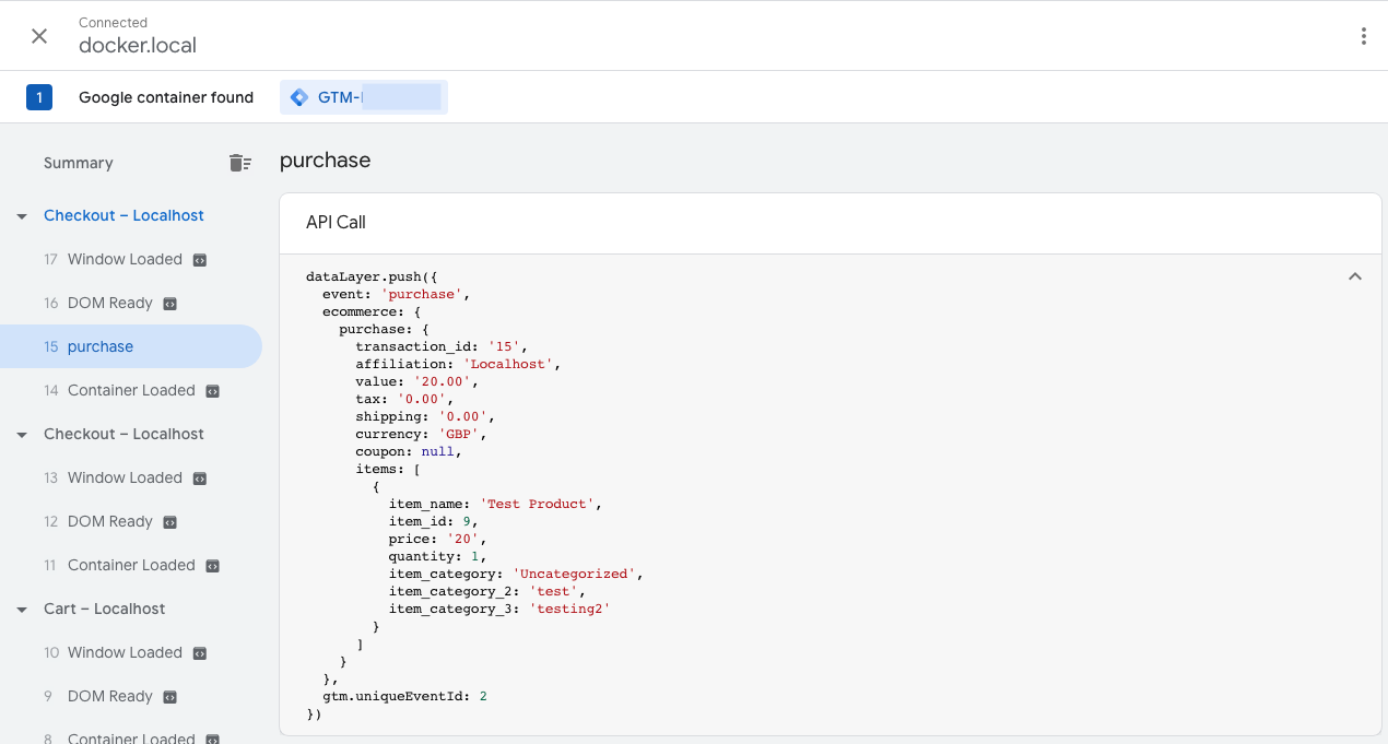 `purchase` event captured in GTM debugger