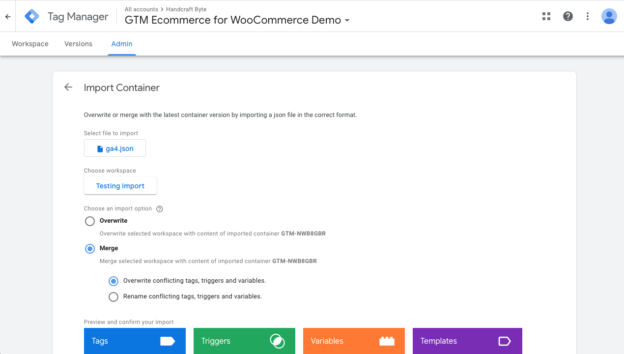 How to import the provided GTM container?