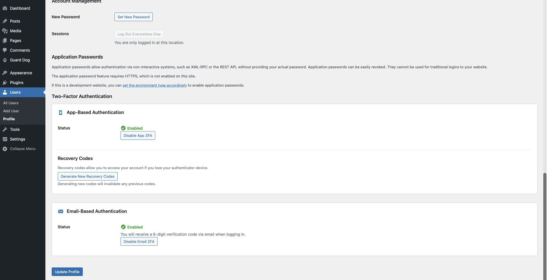 2FA configuration from the user profile screen