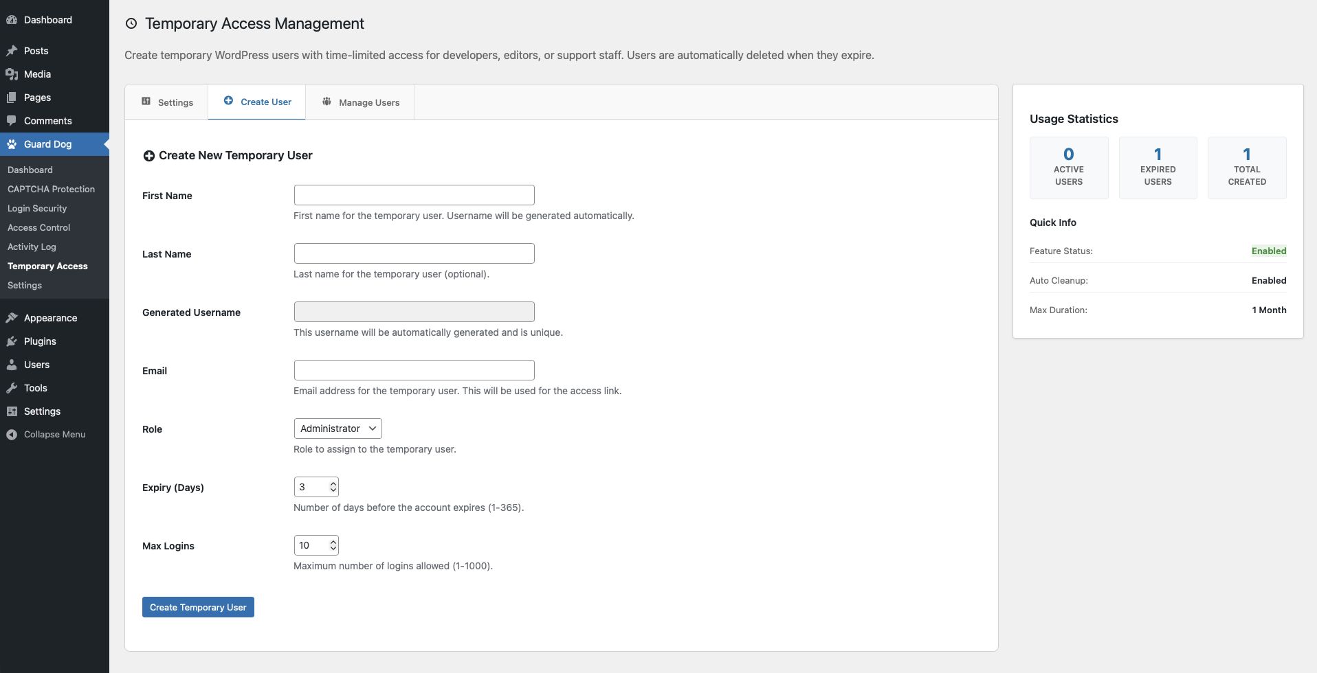 Create temporary user with granular access and expiration controls