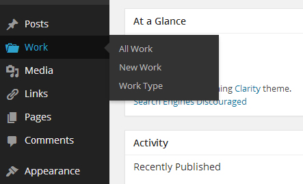 The admin panel option for you to view, or add new work in it's own custom post type.