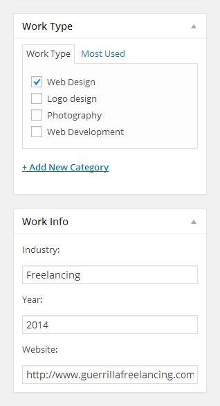 This is a screenshot of the backend options built into the Work custom post type.