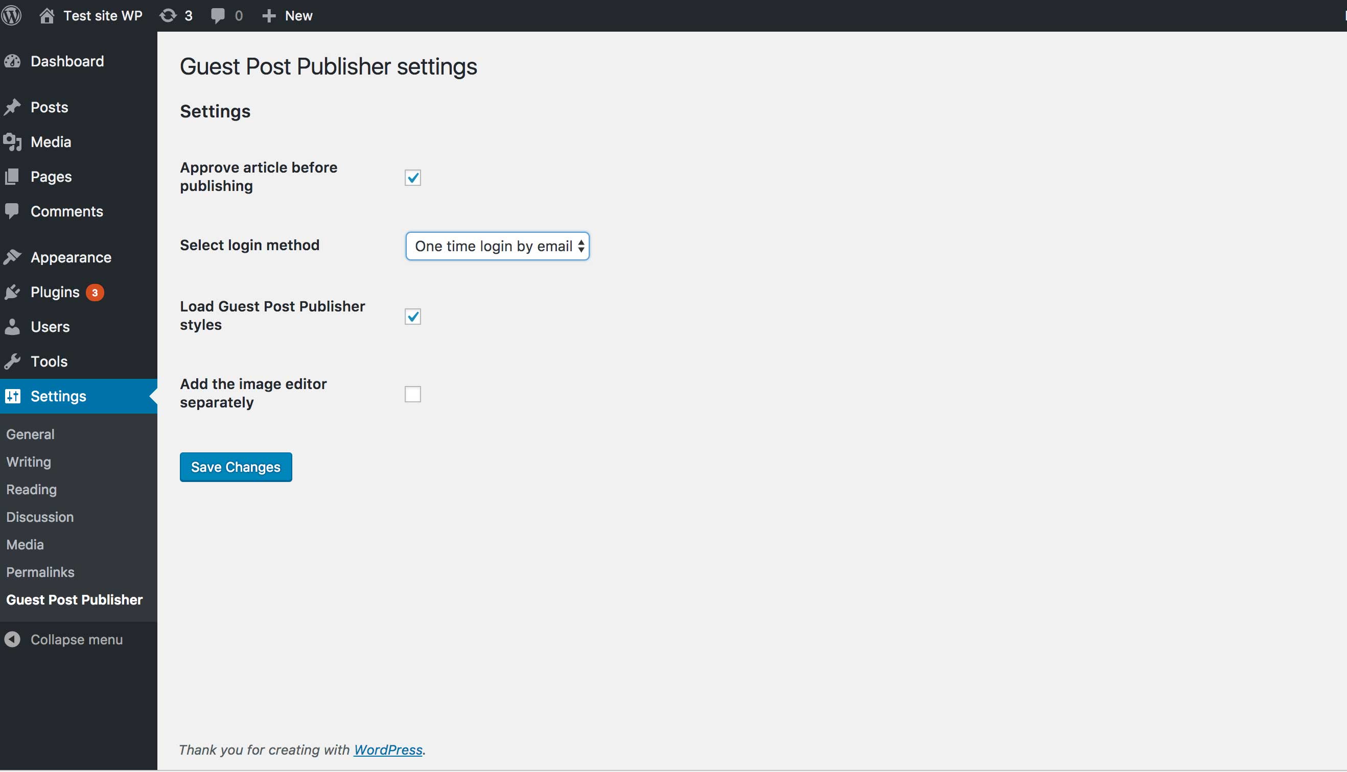 Settings with which you can select if you want to approve first or not, if you want to load the styles, and what kind of login you want to use.