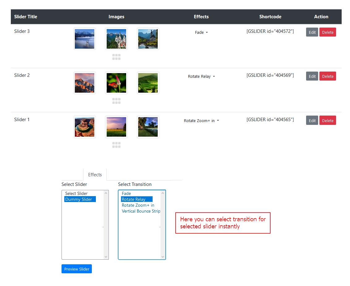 Effects tab for slider preview