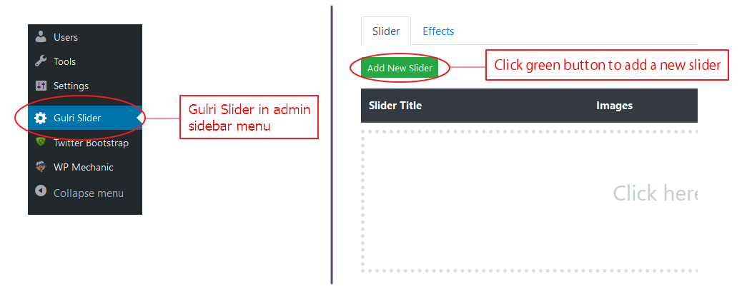 Gulri Slider in Admin Menu & Settings Page View