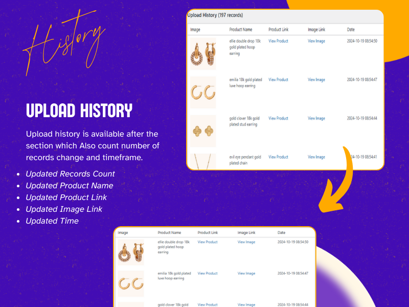 **Upload History**: View your upload history, including links to products and images.
