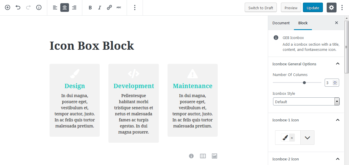 Iconbox: Block Options to customize iconbox style, background color, icons etc.