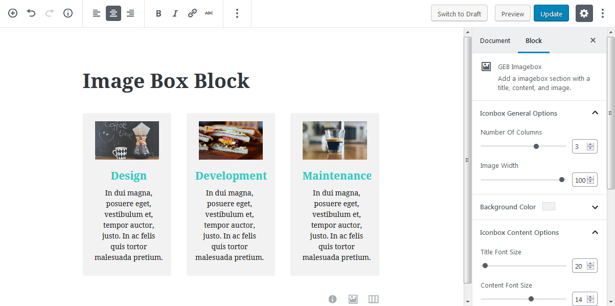 Imagebox: Block Options to customize number of colums, font sizes, color, image width etc.