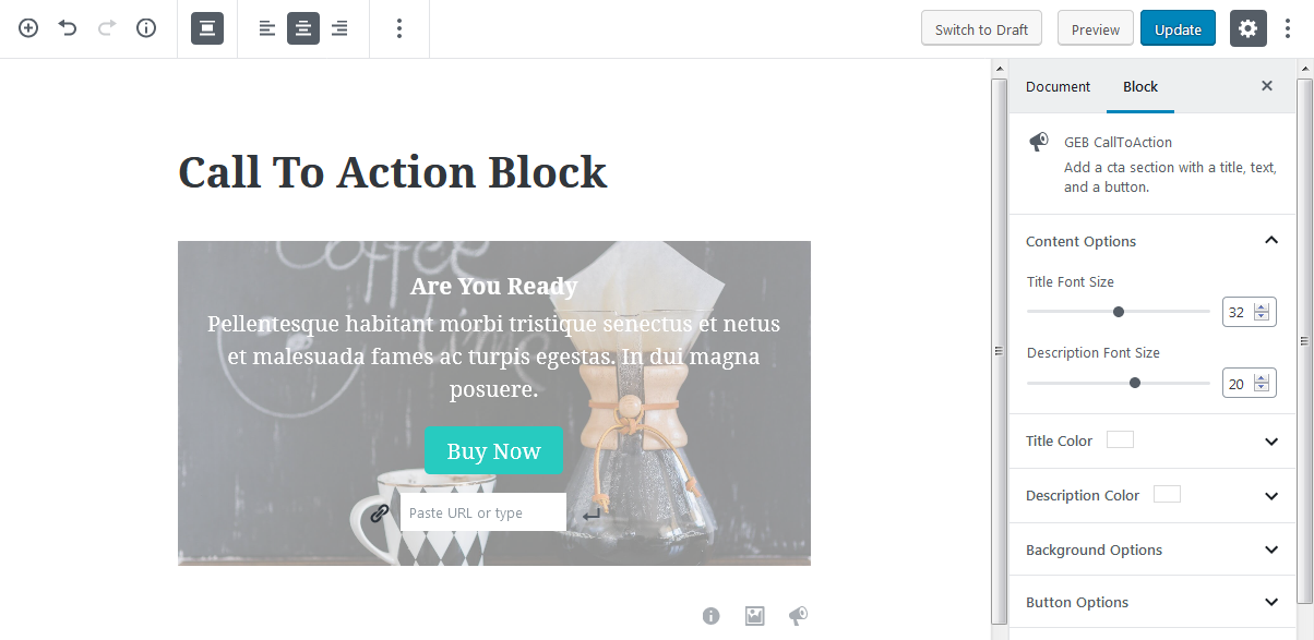 Calltoaction: Block Options for CallToAction Block