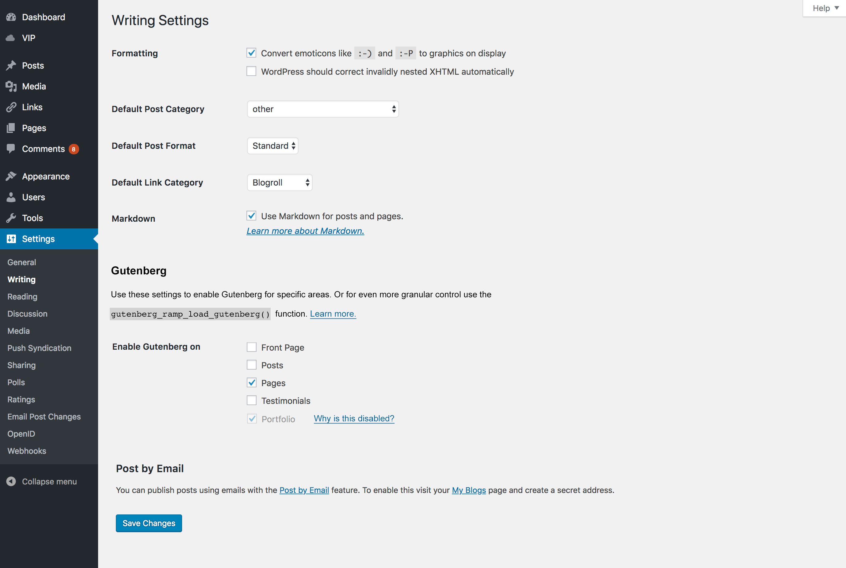 Settings for Gutenberg Ramp via Settings -> Writing