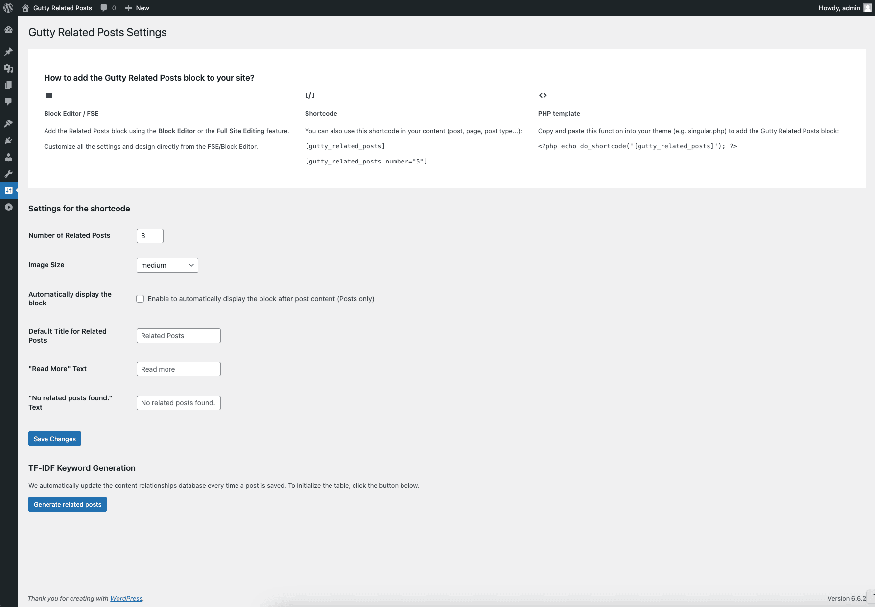 Gutty Related Posts settings page