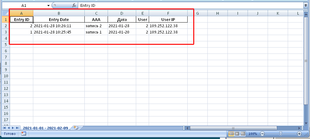 Result. Excel table.