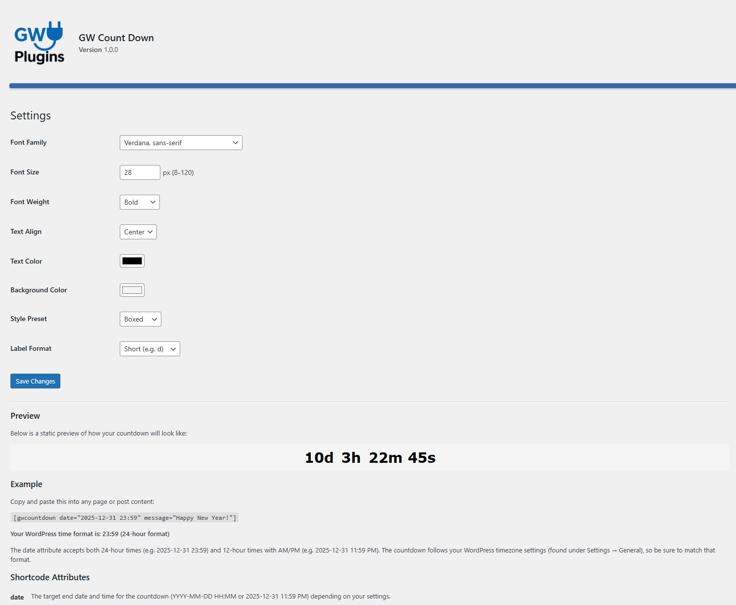 Admin settings page
