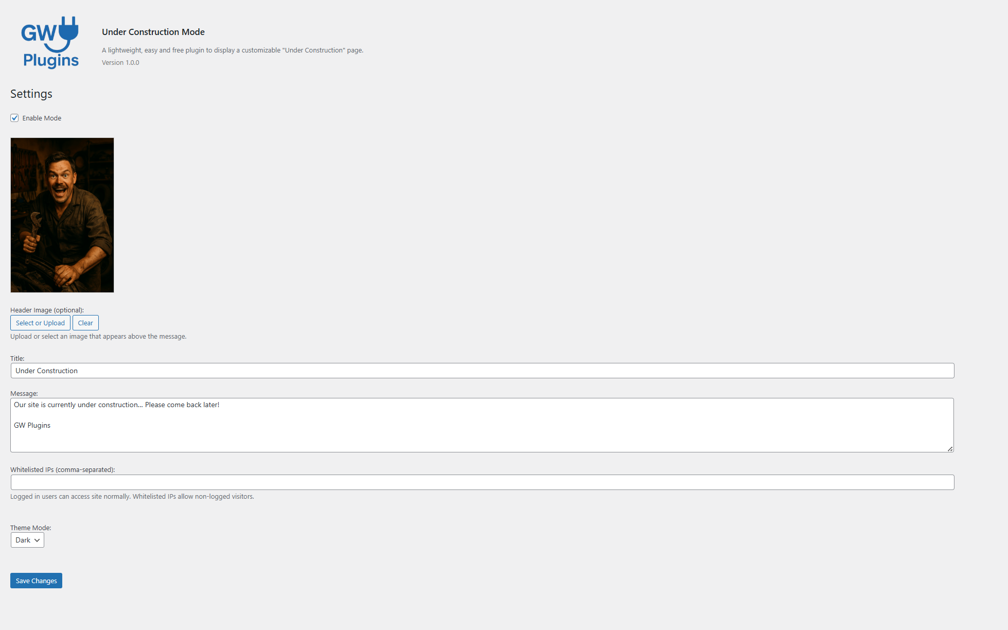 Admin settings page