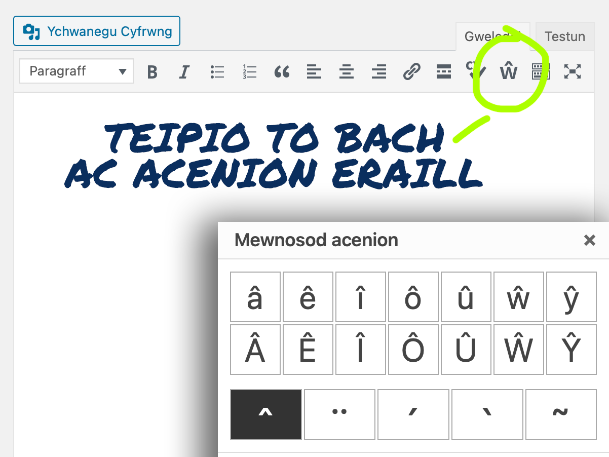 Mae hefyd yn cynnig ffordd syml o osod llythrennau gyda thoeon bach ac acenion eraill.
