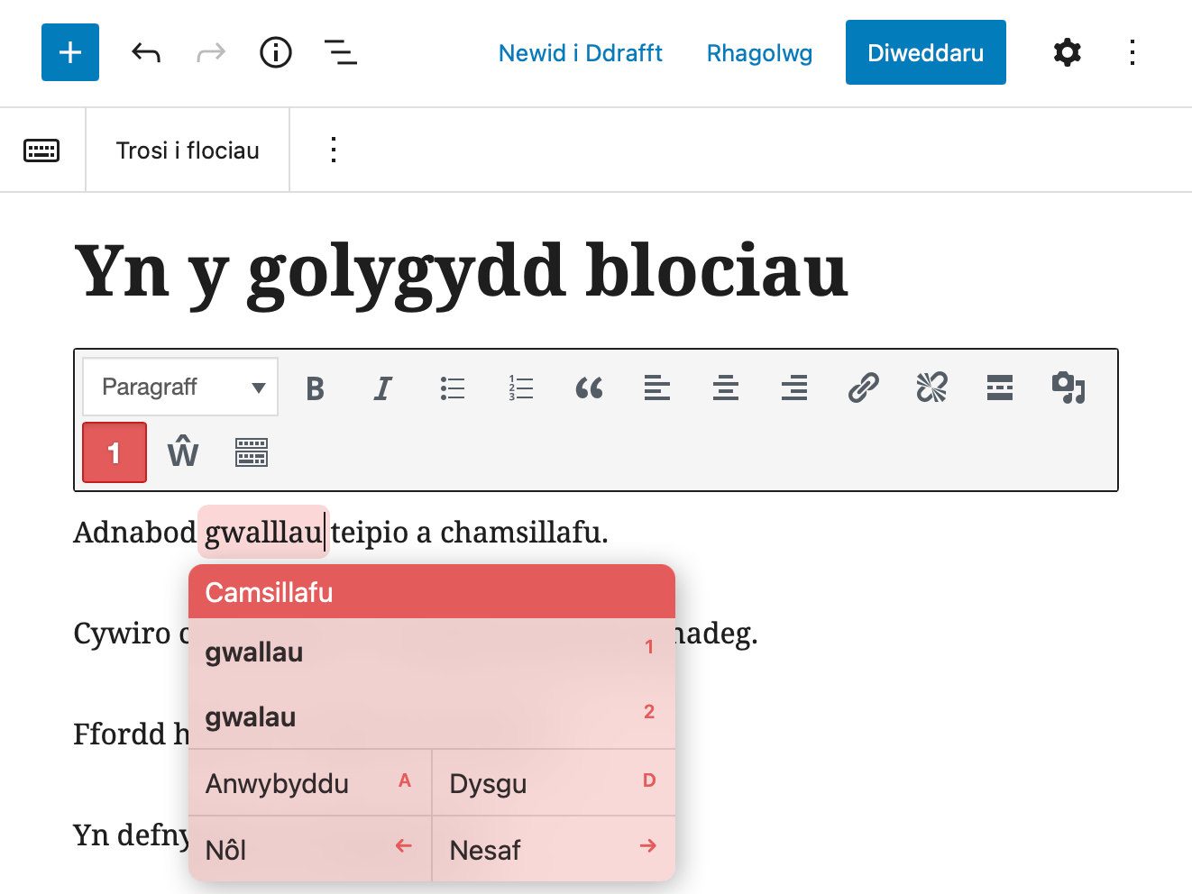 Gallwch ddefnyddio’r gwirydd o fewn y bloc clasurol yn y golygydd blociau newydd.