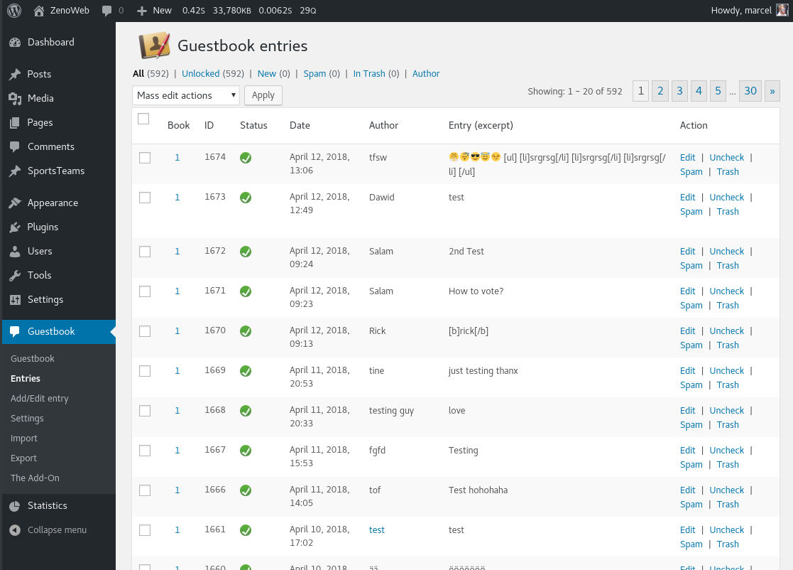 List of guestbook entries. The icons display the status of an entry.