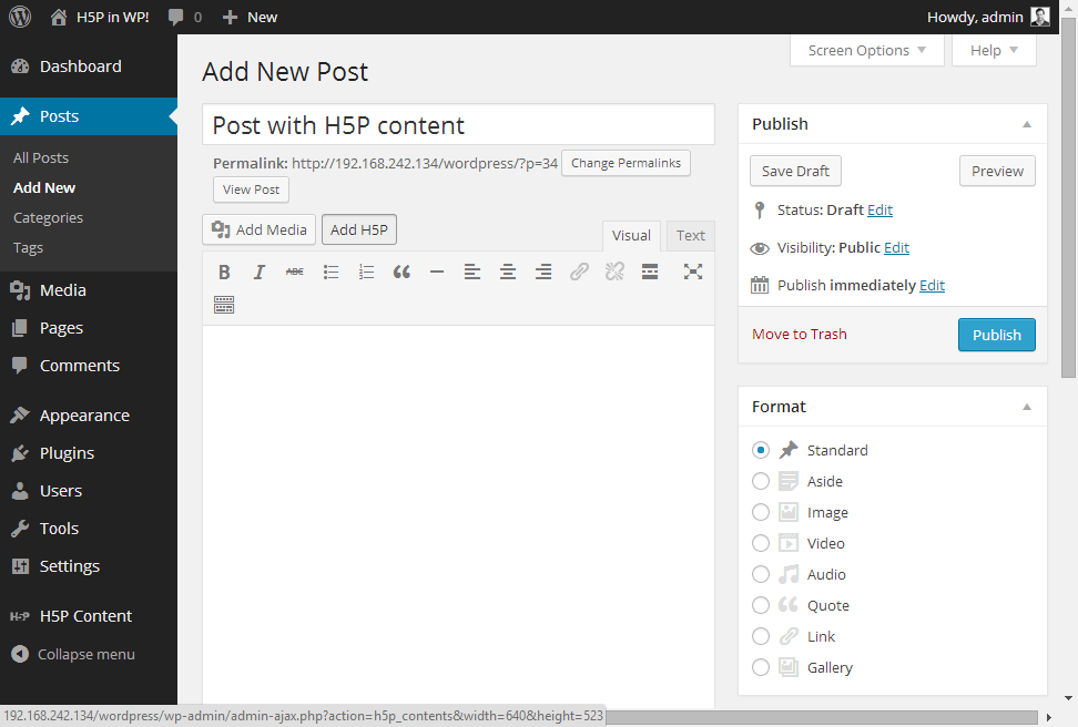 Press Add H5P to add interactive H5P content to posts