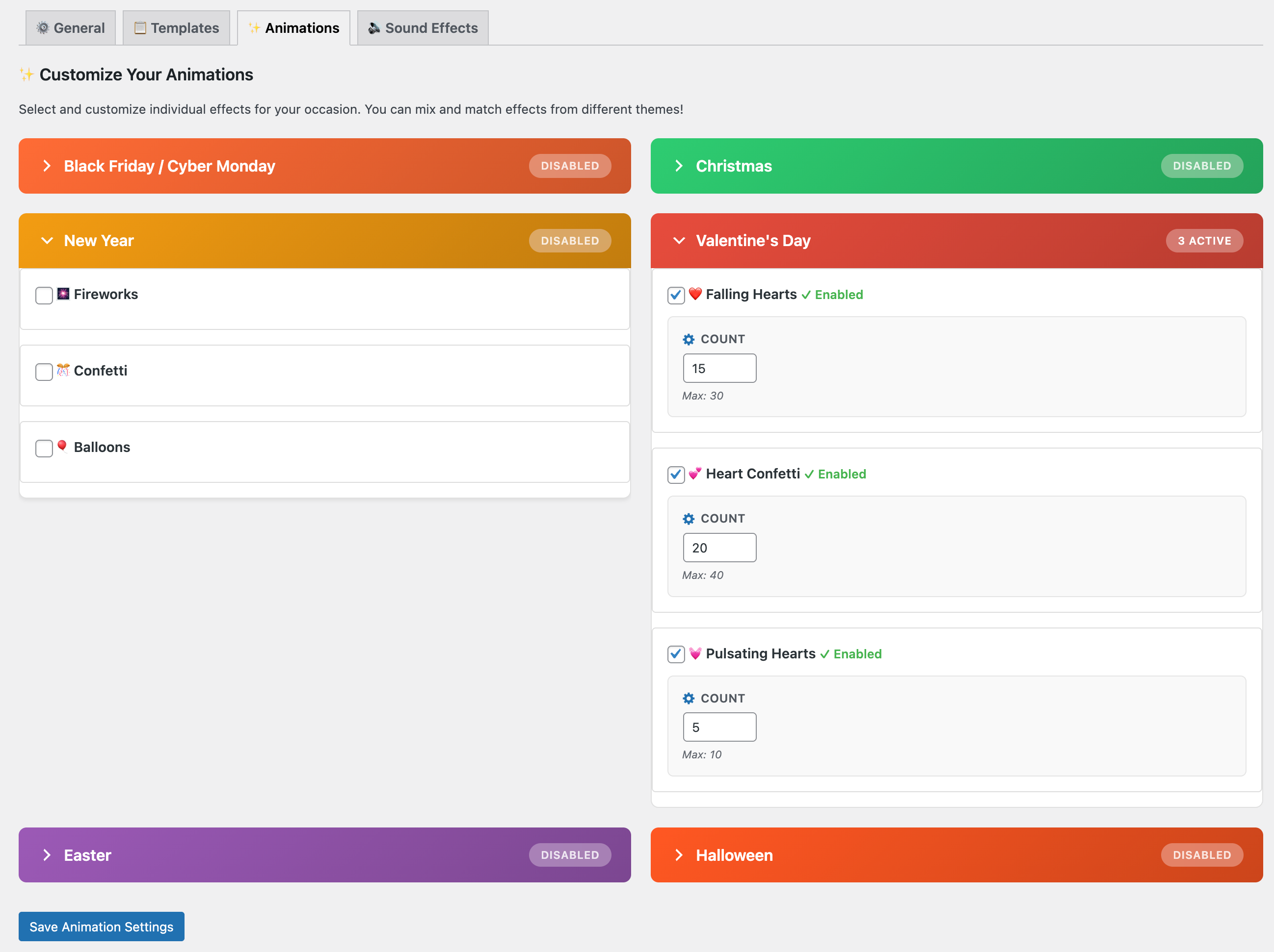 Animations tab with individual controls