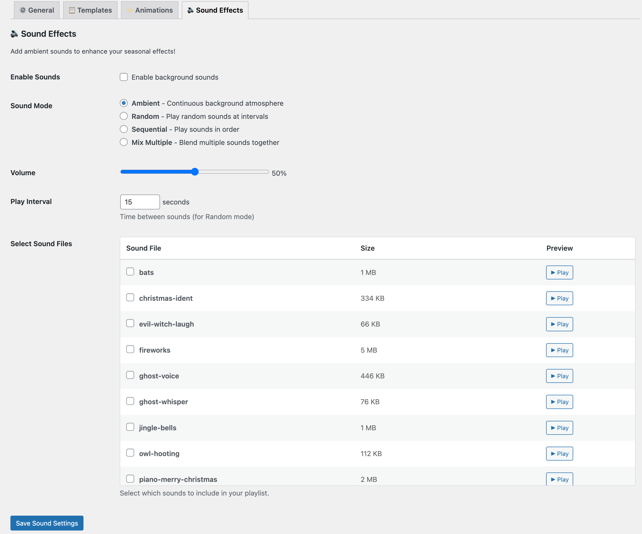 Sound settings with 4 playback modes