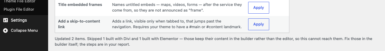 Pages a page builder puts out of reach are counted and named, rather than silently passed over.