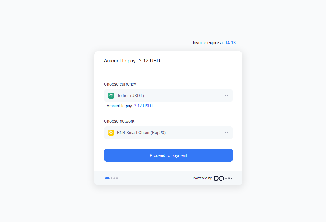 OxaPay hosted invoice(1) - Select currency and network to pay. Displayed to the user after he clicked the "Pay with OxaPay" button.