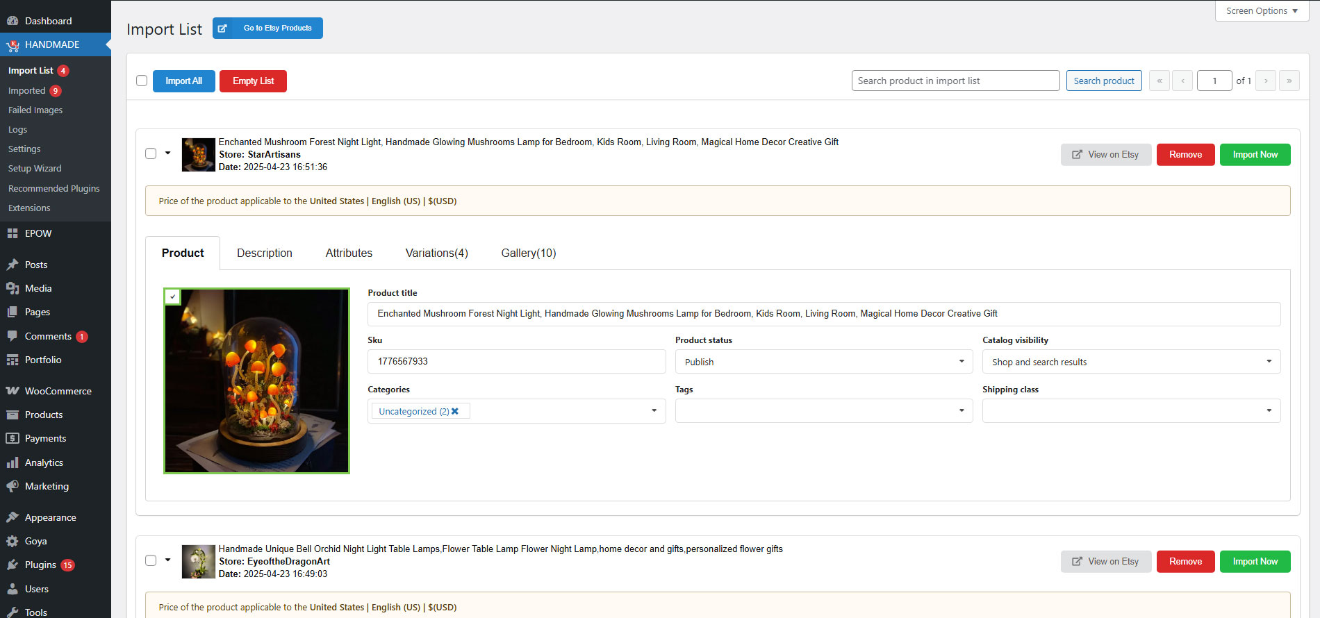Import list page