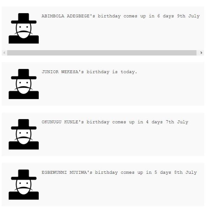 Display in a page via shortcode [WPBirthday]