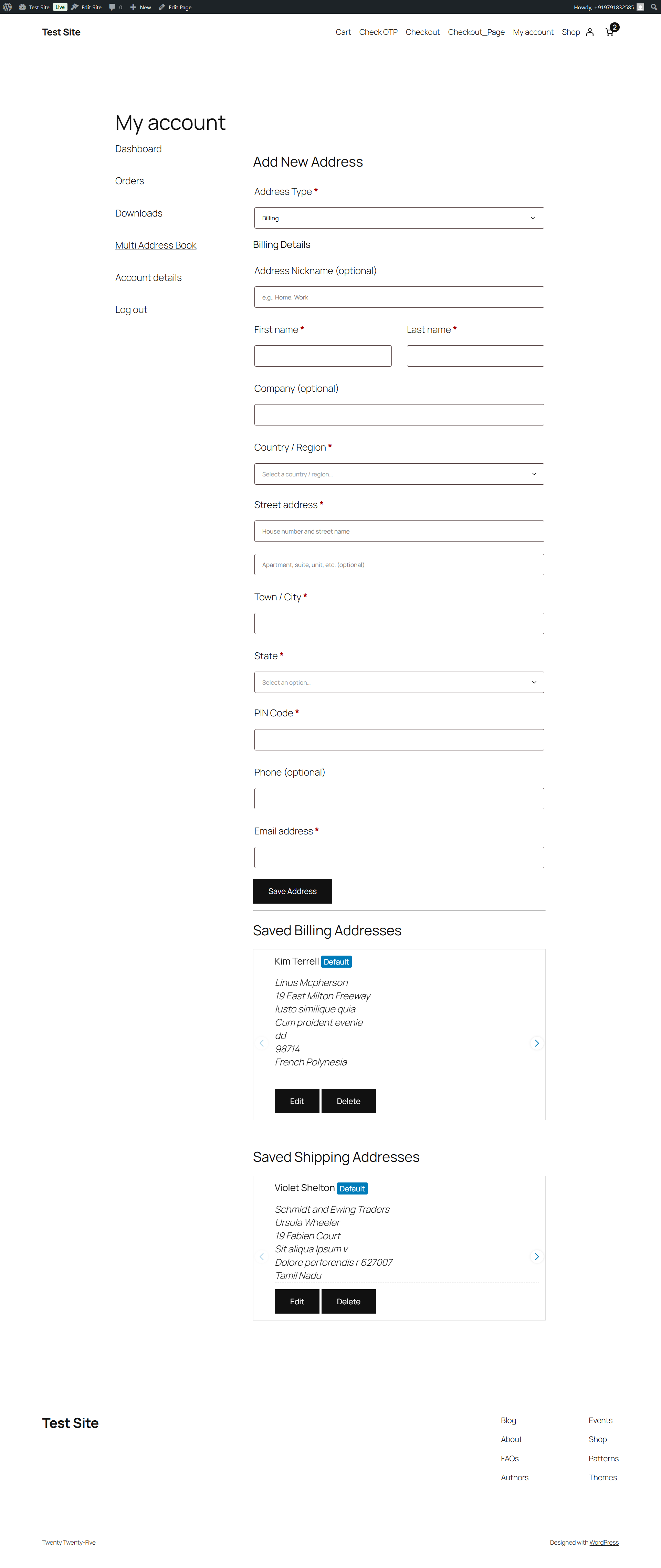 The "Add New Address" form in the Multi Address Book.