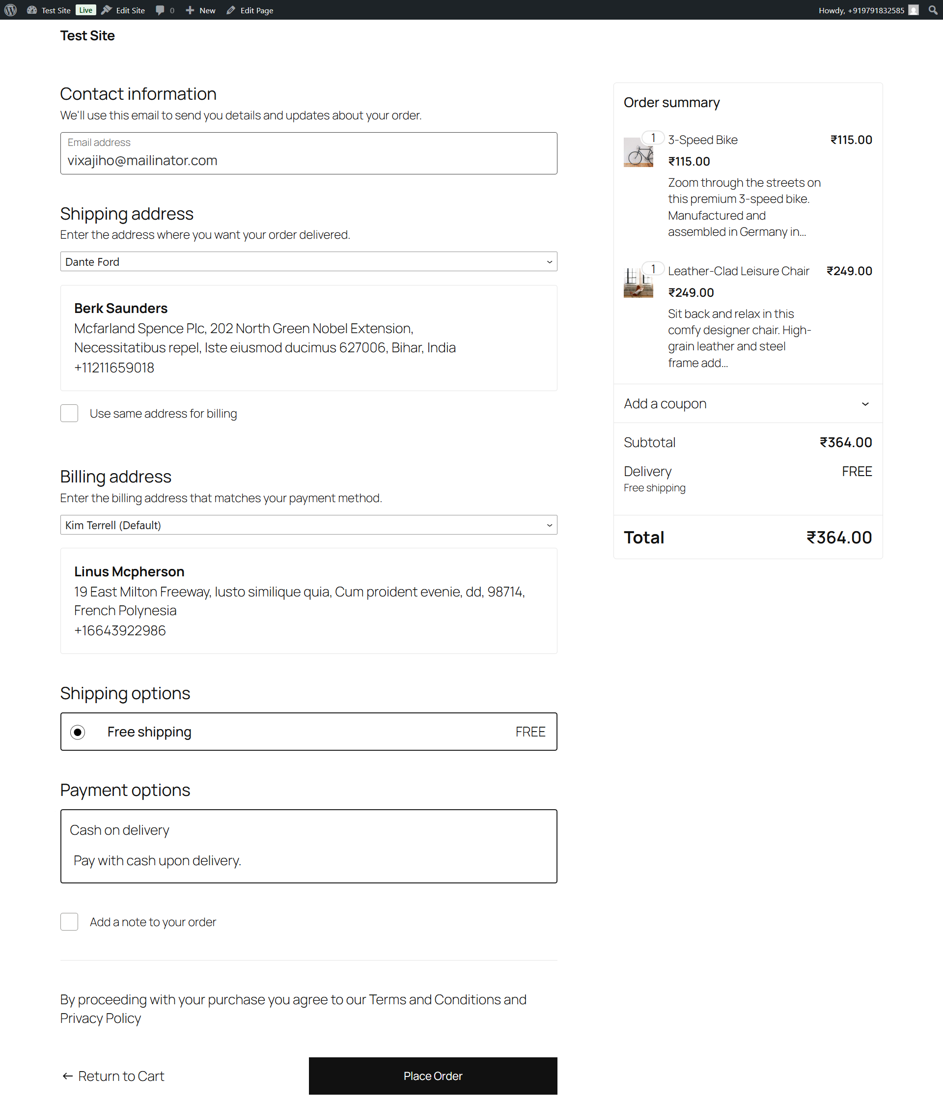 The Checkout page showing the billing address selector (Dropdown style).