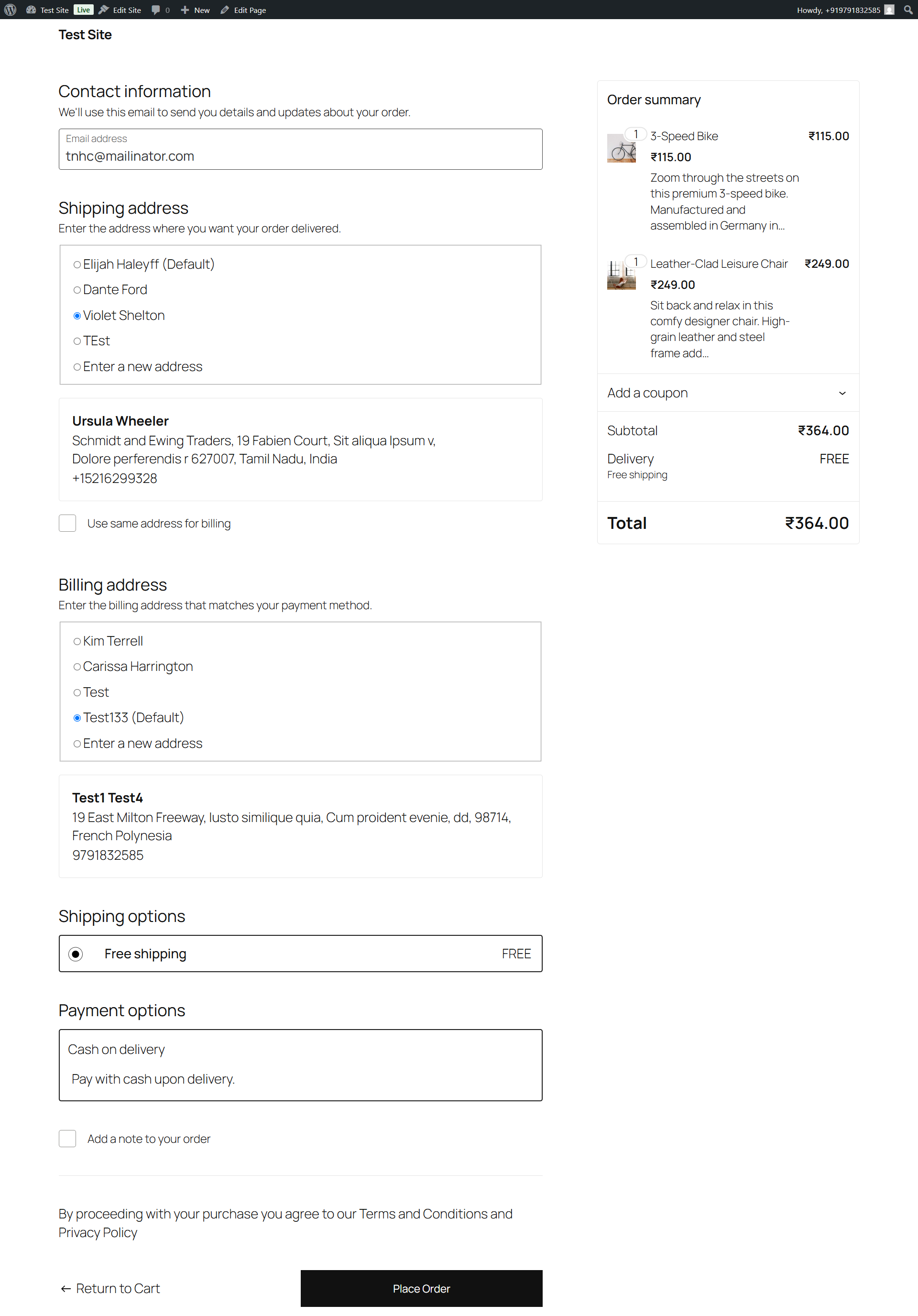 The Checkout page showing the shipping address selector (List style).