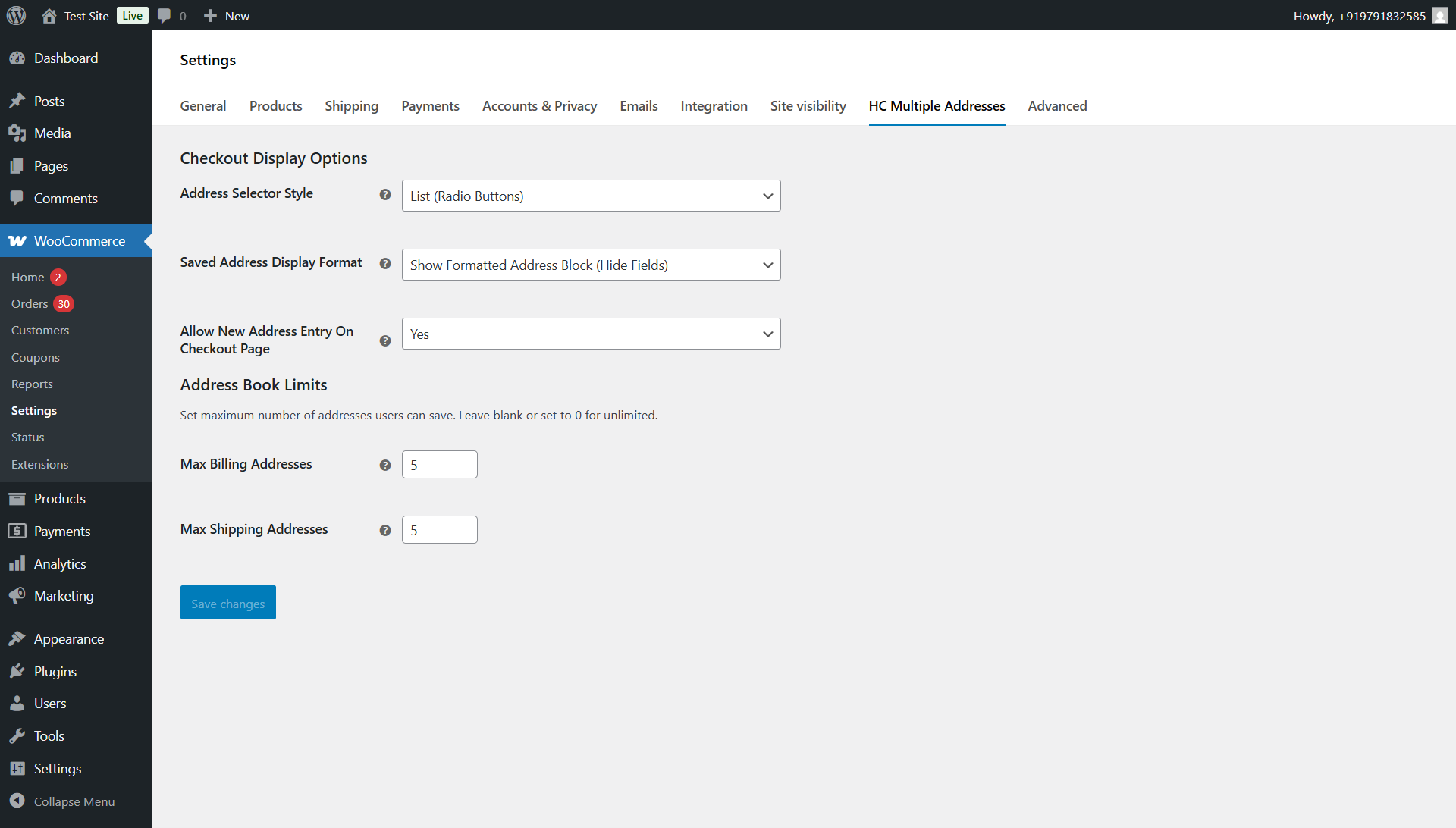 The Plugin Settings page (WooCommerce > Settings > HC Multiple Addresses).