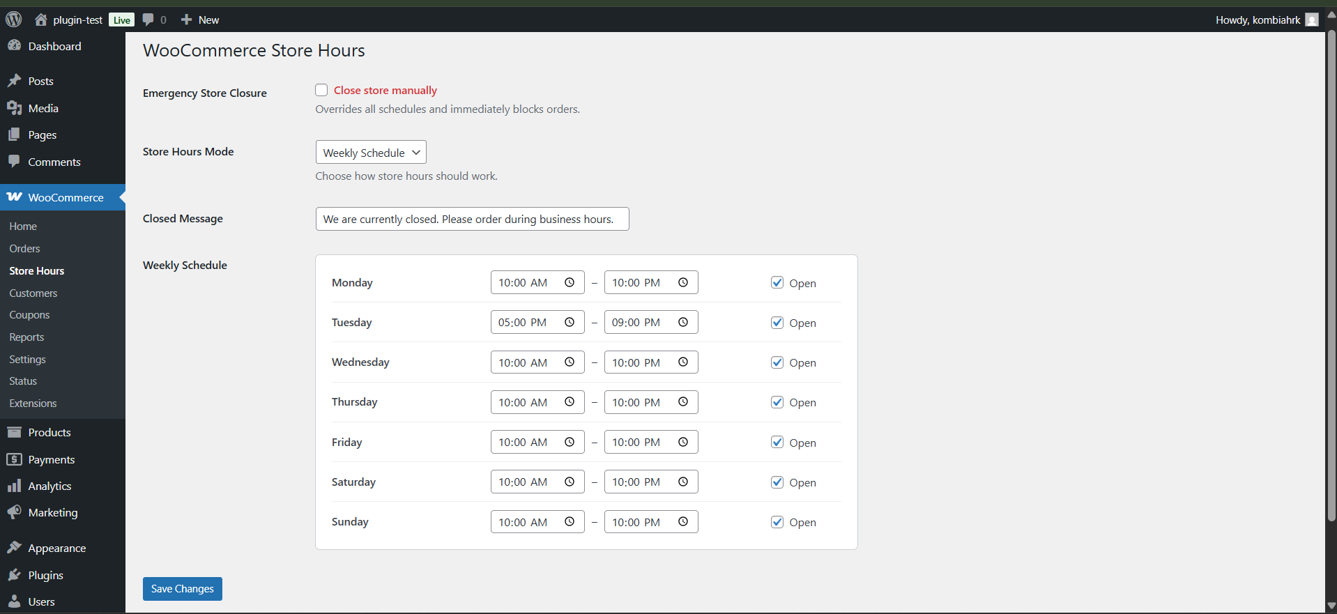 Weekly schedule configuration with per-day opening hours