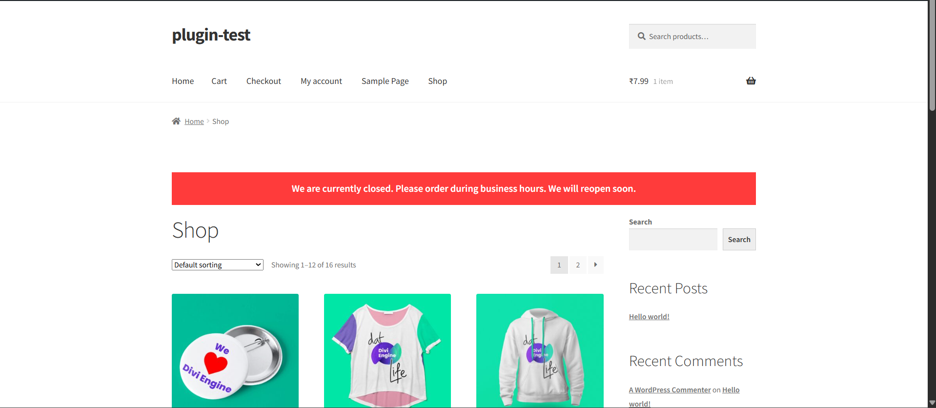 Store closed banner shown on the shop page