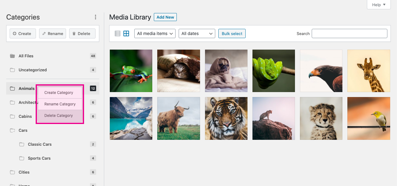 HappyFiles sidebar (create, rename, delete, order your media categories)
